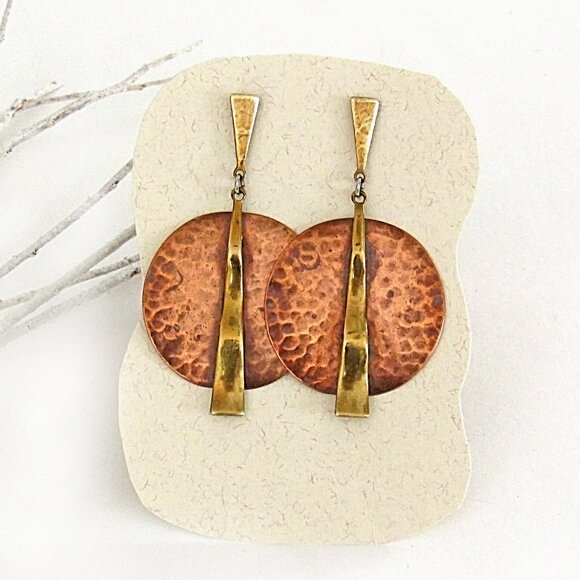 Vintage Hammered Copper and Brass Mixed Metal Pierced Post Earrings - Picture 4 of 6